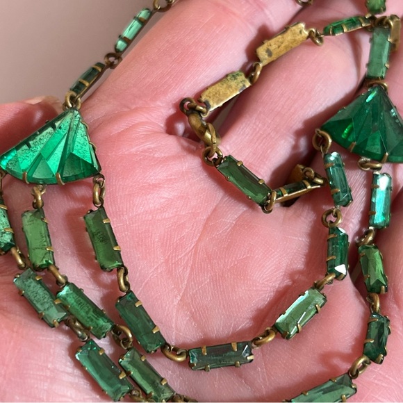 Antique Czechoslovakian green glass brass 1920’s  art deco choker necklace￼ - Picture 17 of 17